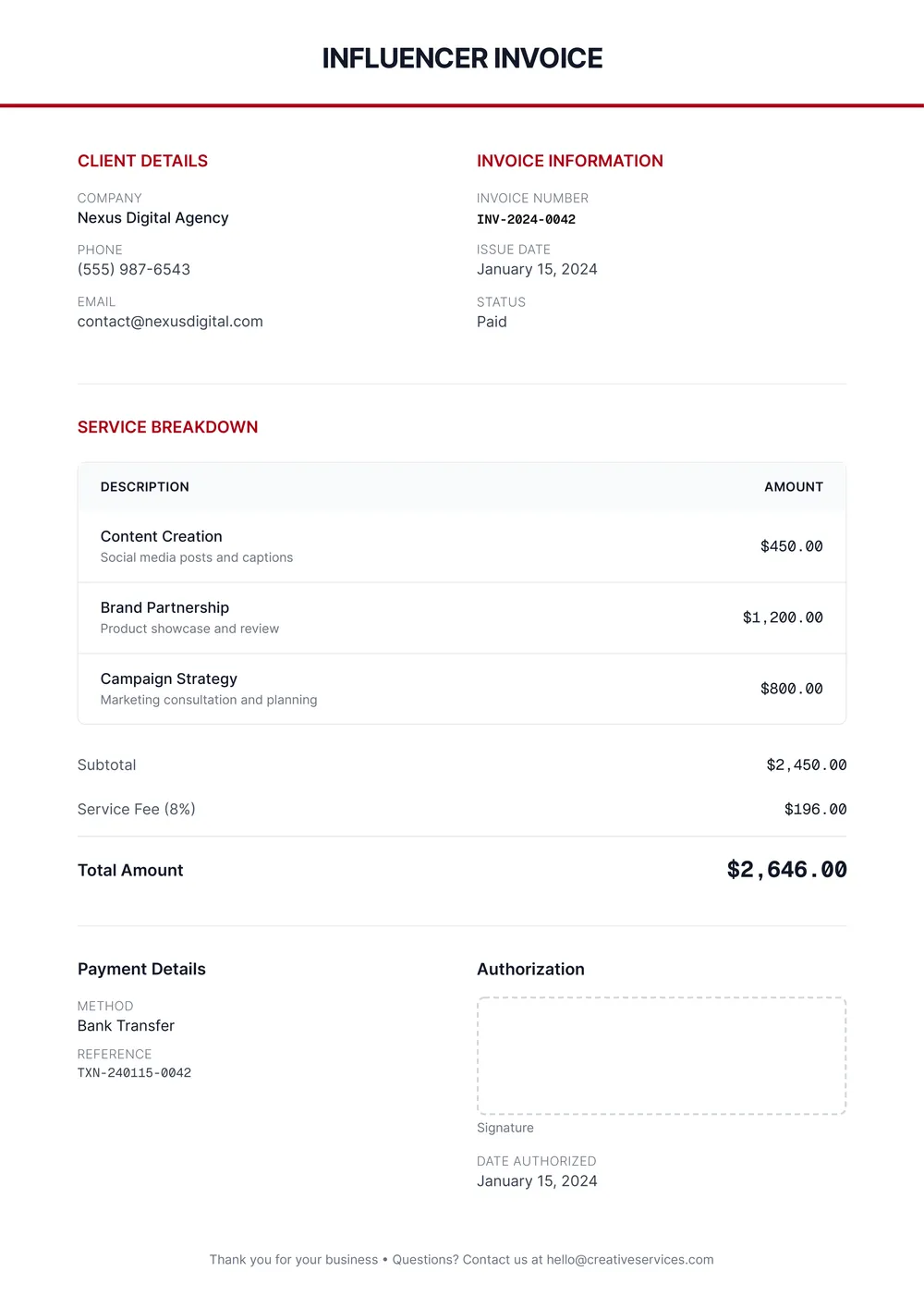 influencer-invoice form