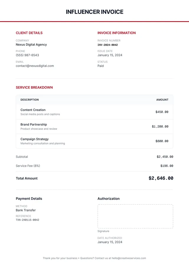 Influencer Invoice