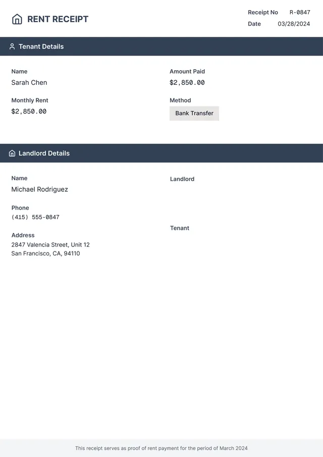 Landlord Rent Receipt