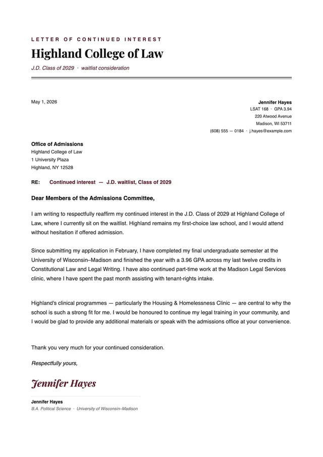 Letter of Continued Interest Law School