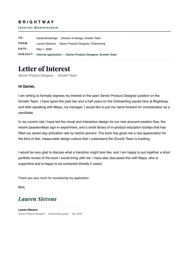 Letter of Interest for Internal Position