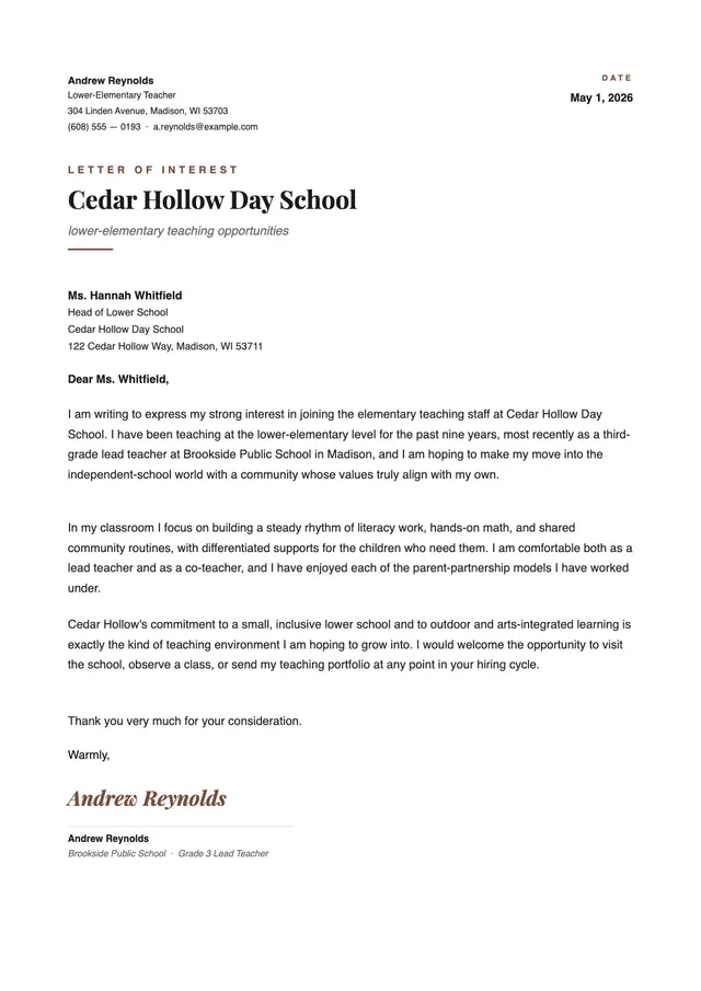 Letter of Interest for Teacher