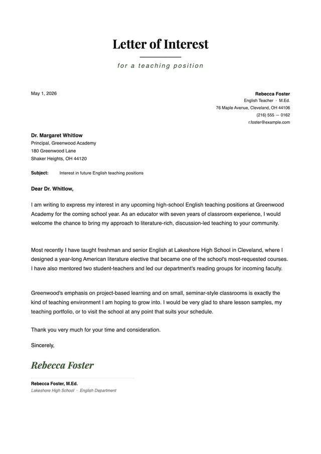 Letter of Interest for Teaching Position