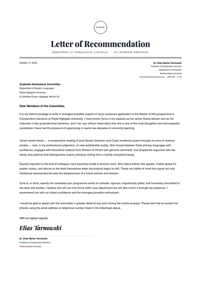 Letter of Recommendation for Graduate School