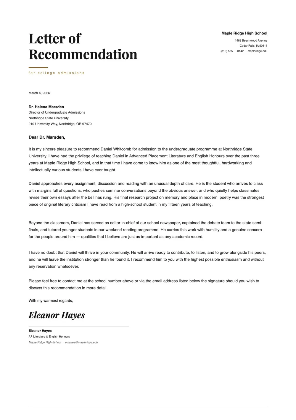 letter-of-recommendation-for-student form