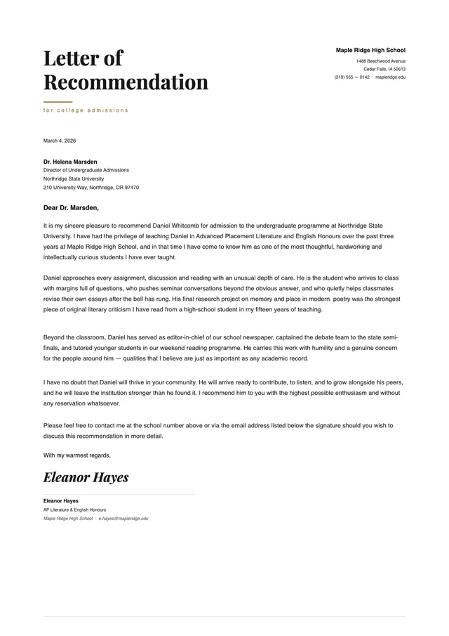 Letter of Recommendation for Student