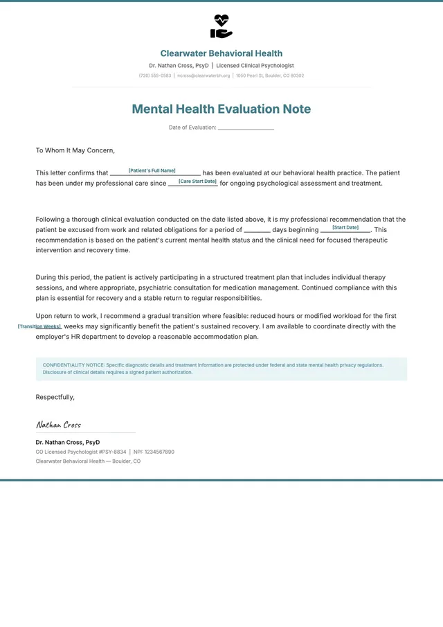 Mental Health Doctor Note