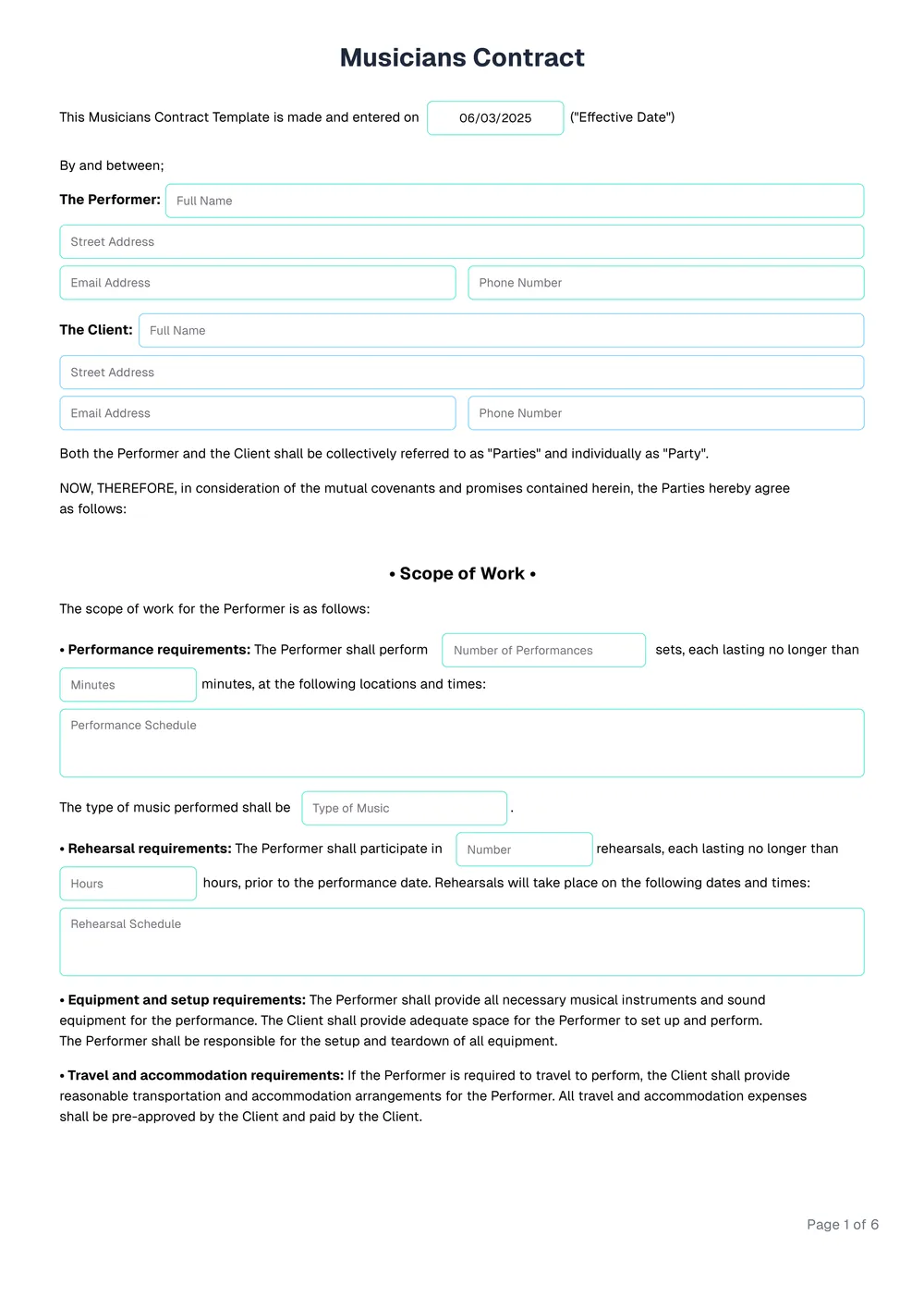 musicians-contract form