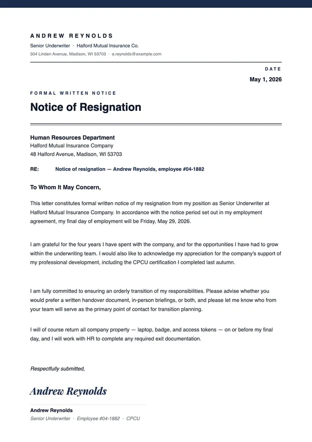 Notice of Resignation Letter