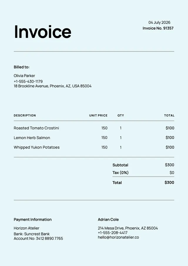 Pastel Blue Catering Invoice
