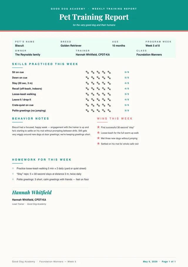 Pet Training Report Card