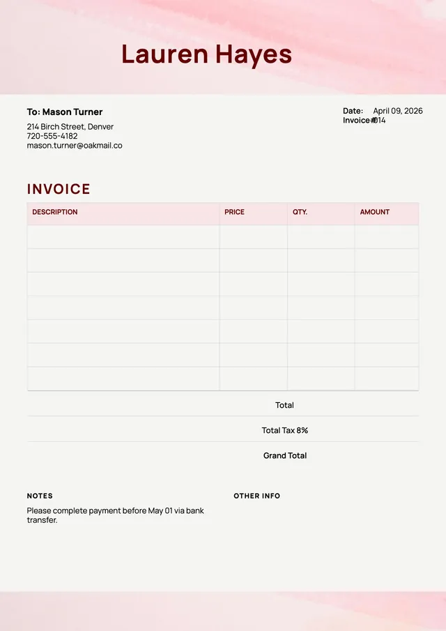 Pink Watercolor Catering Invoice