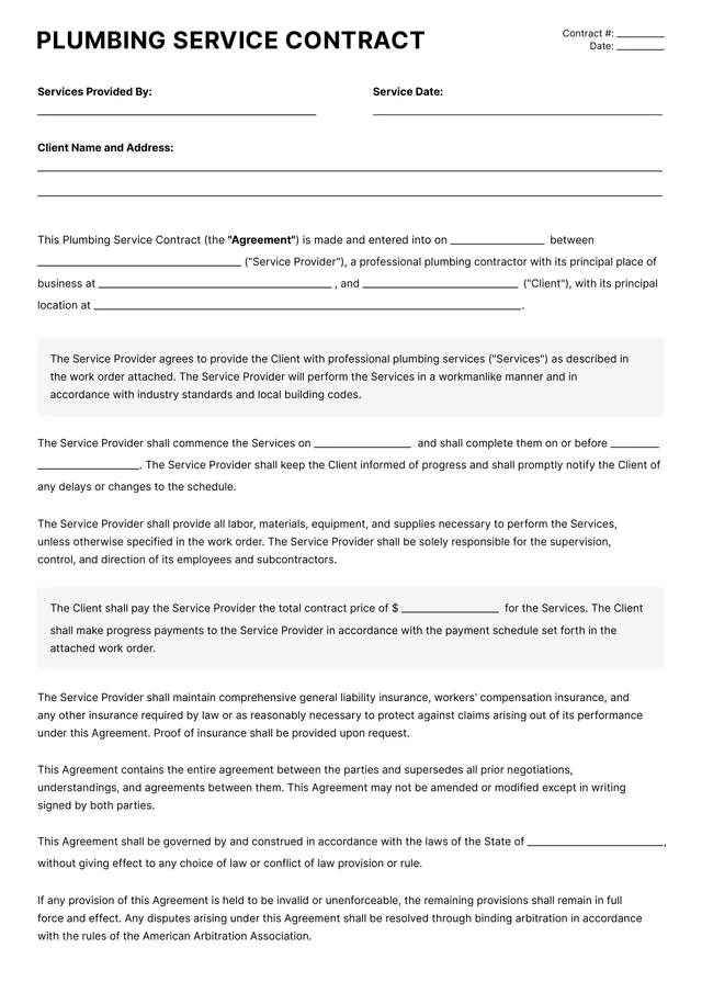 Plumbing Contract Template