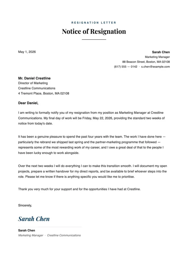 Professional Resignation Letter