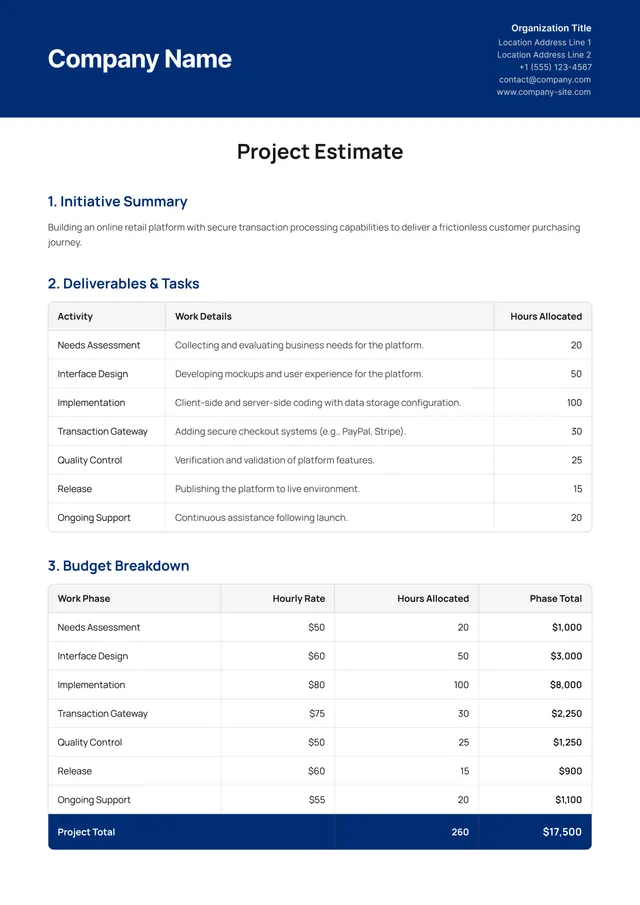 Project Estimate Template
