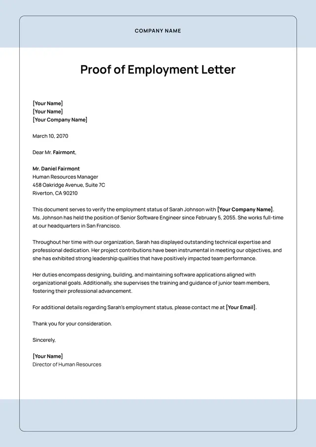 Proof of Employment Letter Template