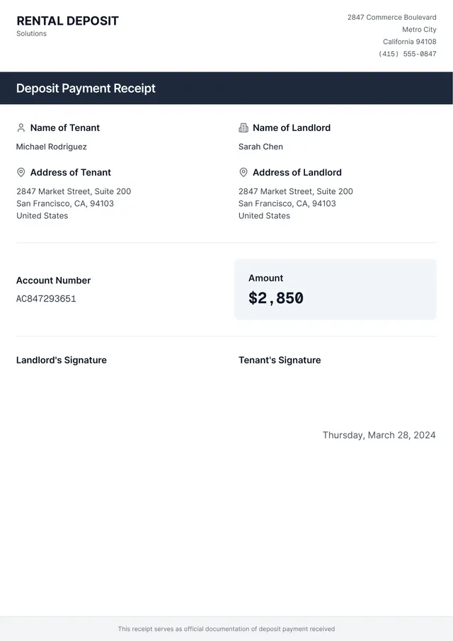 Rental Deposit Receipt Template