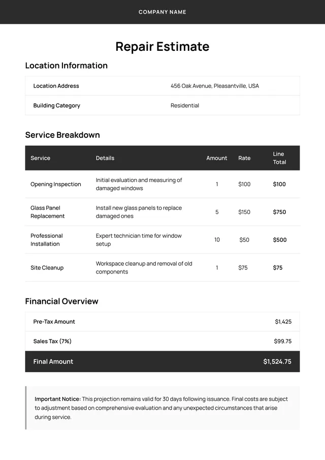 Repair Estimate Template