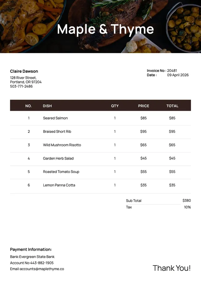 Restaurant Catering Invoice
