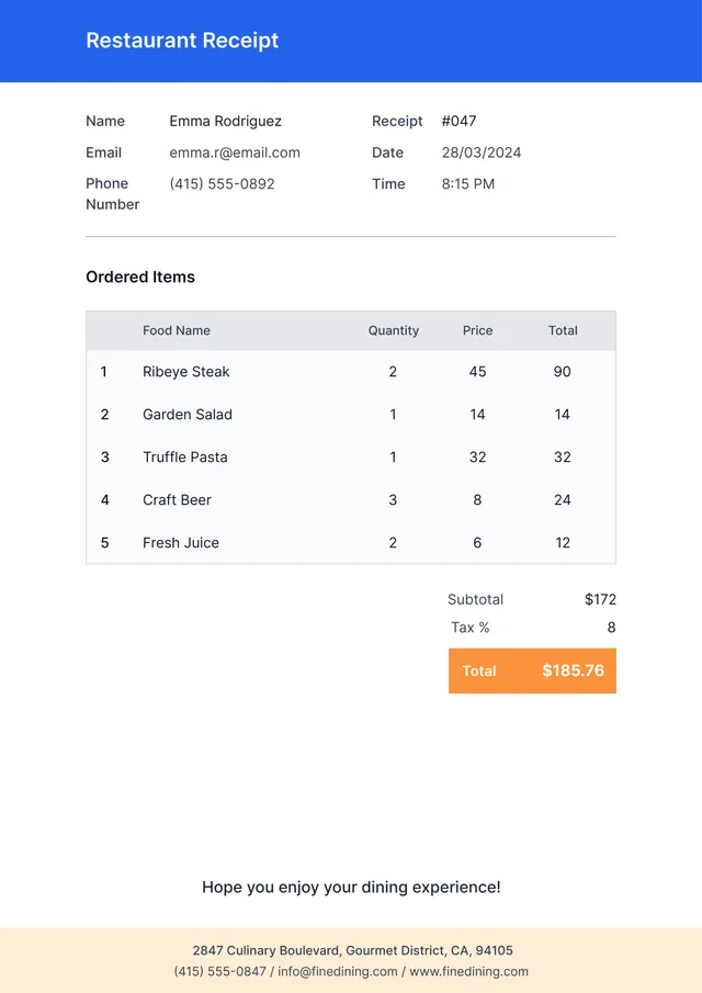 Restaurant Receipt Template