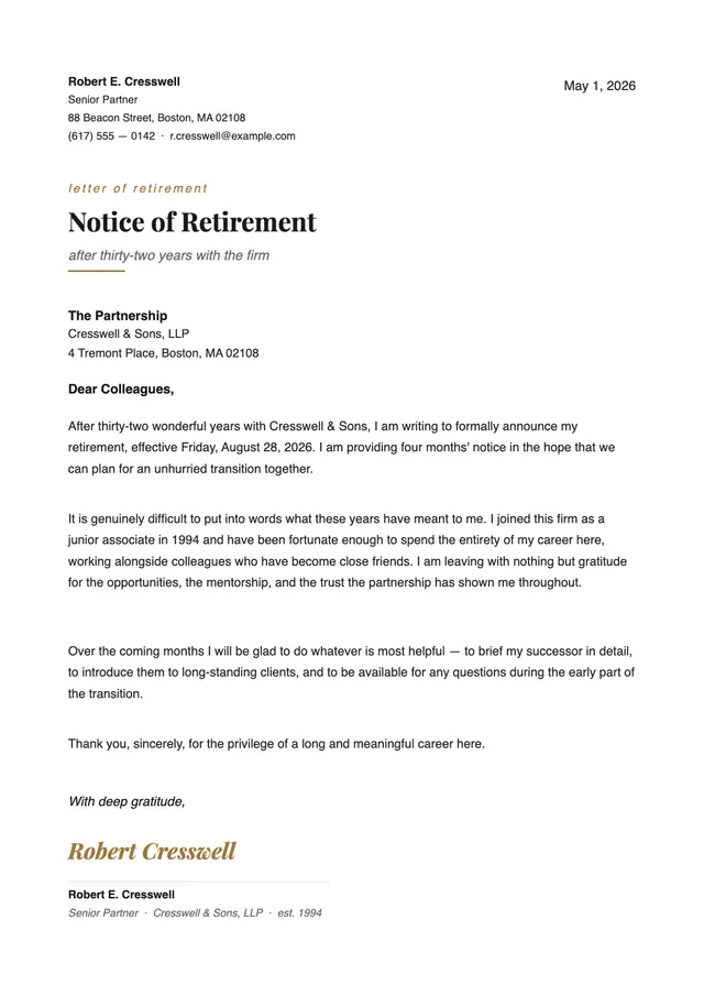 Retirement Resignation Letter