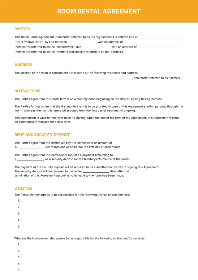 Room Rental Agreement Template