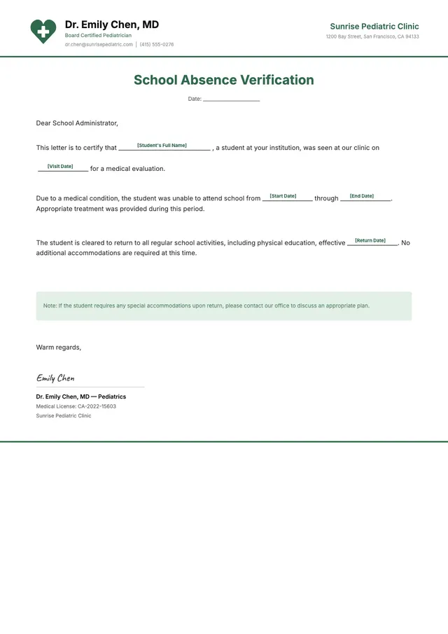 School Absence Doctor Note