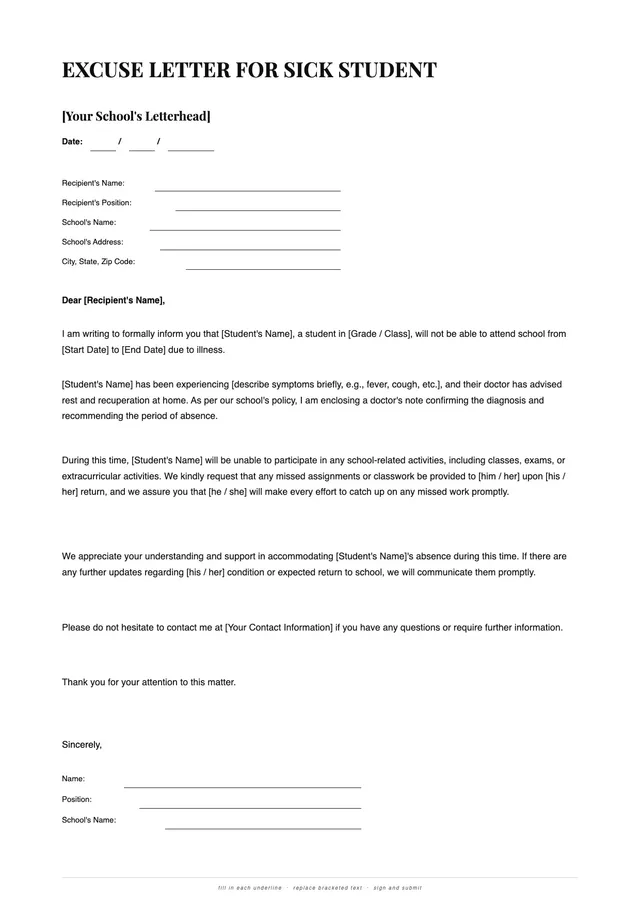 Sick Student Excuse Letter