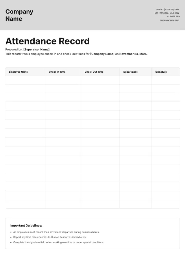 Sign Out Sheet Template
