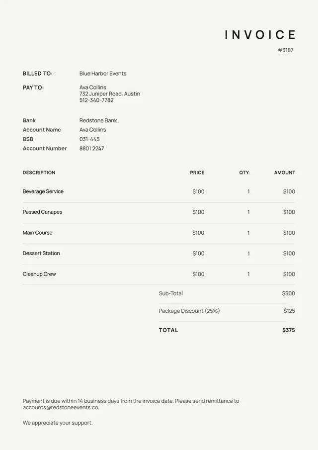 Simple Catering Invoice