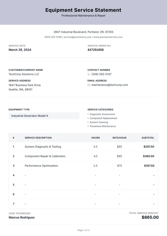 Small Engine Repair Invoice