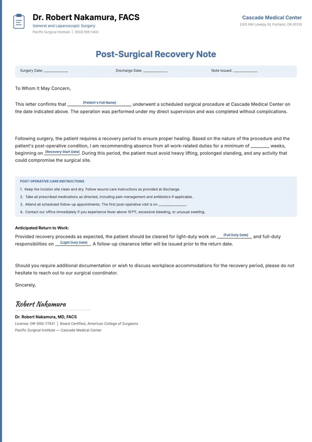Surgery Recovery Doctor Note