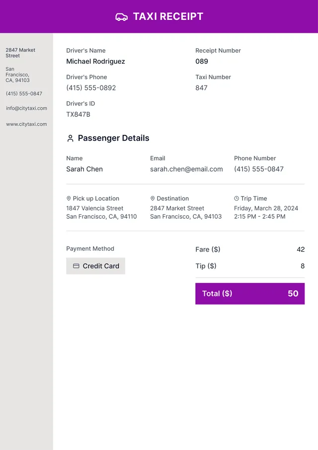 Taxi Receipt Template