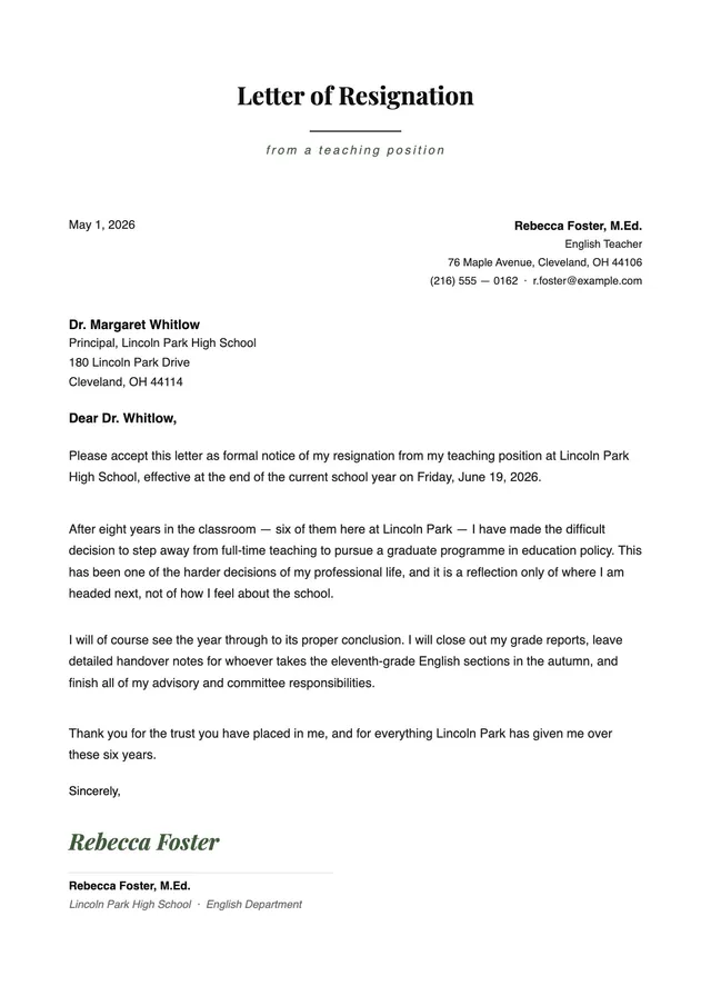 Teacher Resignation Letter