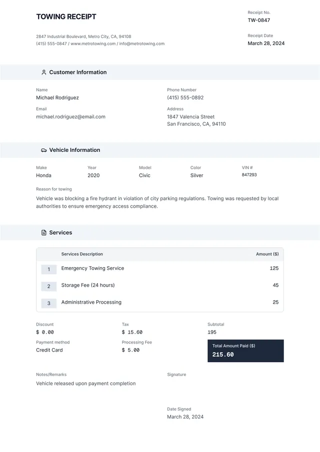 Towing Receipt Template