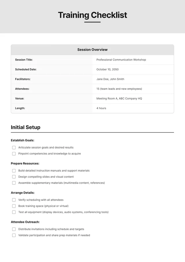 Training Checklist Template