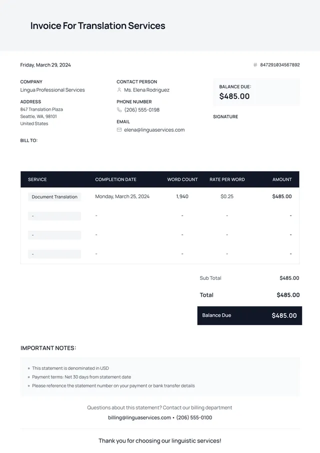 Invoice Template for Translation Services