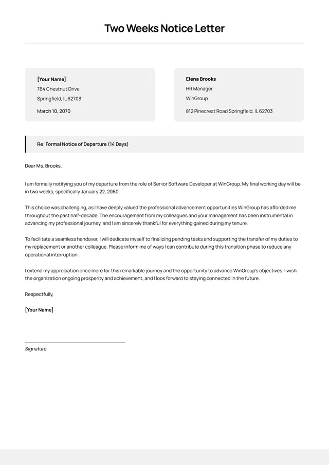 Two Weeks Notice Letter Template
