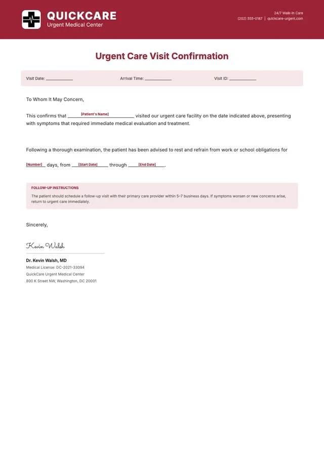 Urgent Care Doctor Note