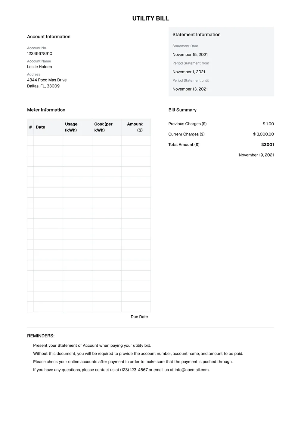 Utility bill template