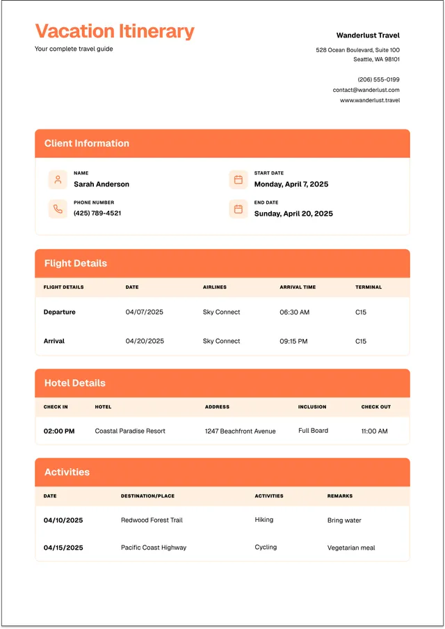 Vacation Itinerary Template