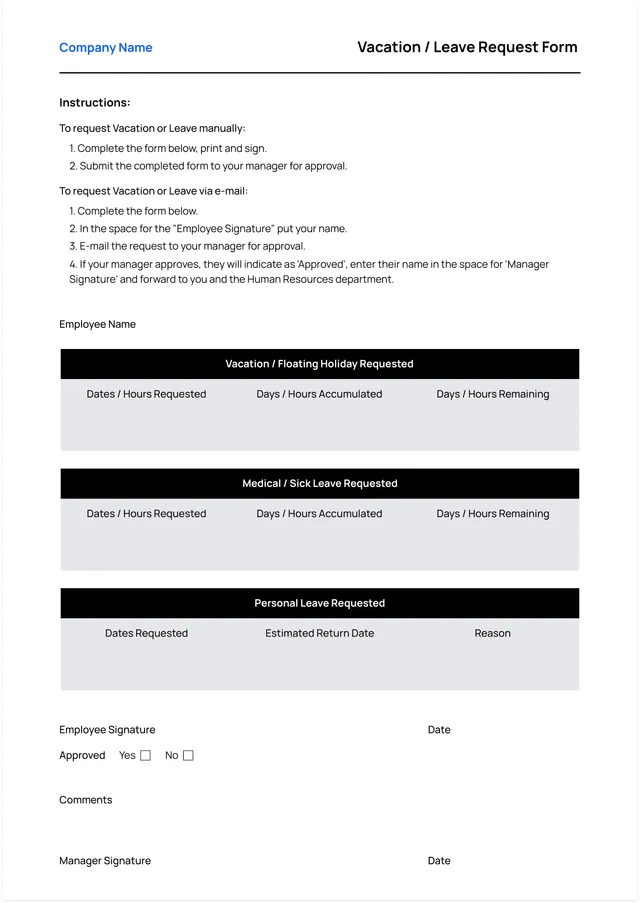 Vacation Request Form Template