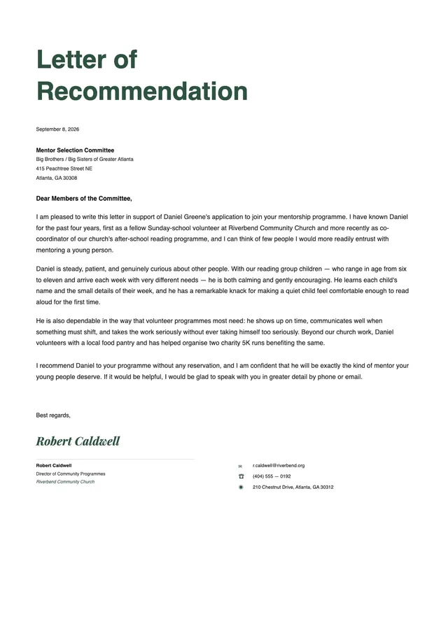 Volunteer Letter of Recommendation