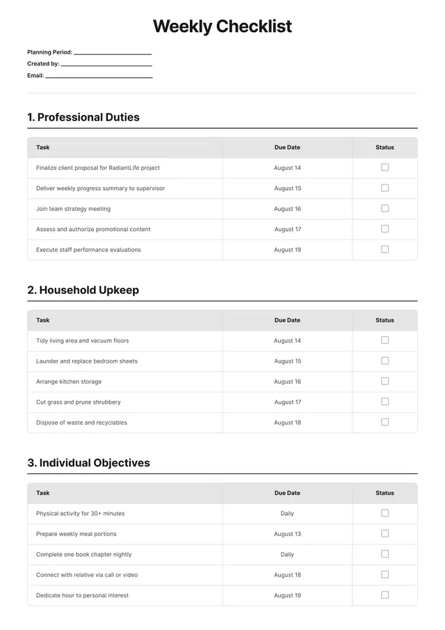 Weekly Checklist Template