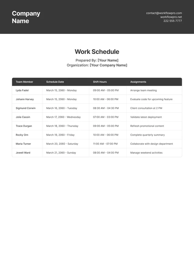 Work Schedule Template