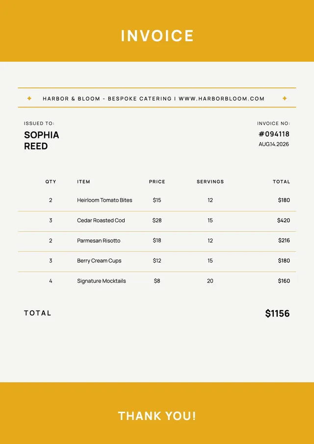 Yellow Banner Catering Invoice