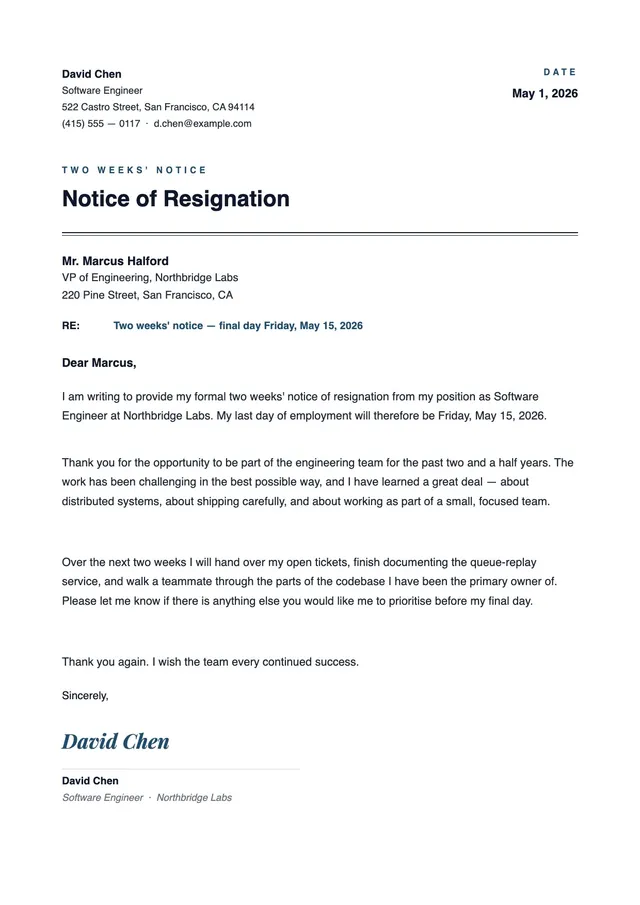 2 week resignation letter template