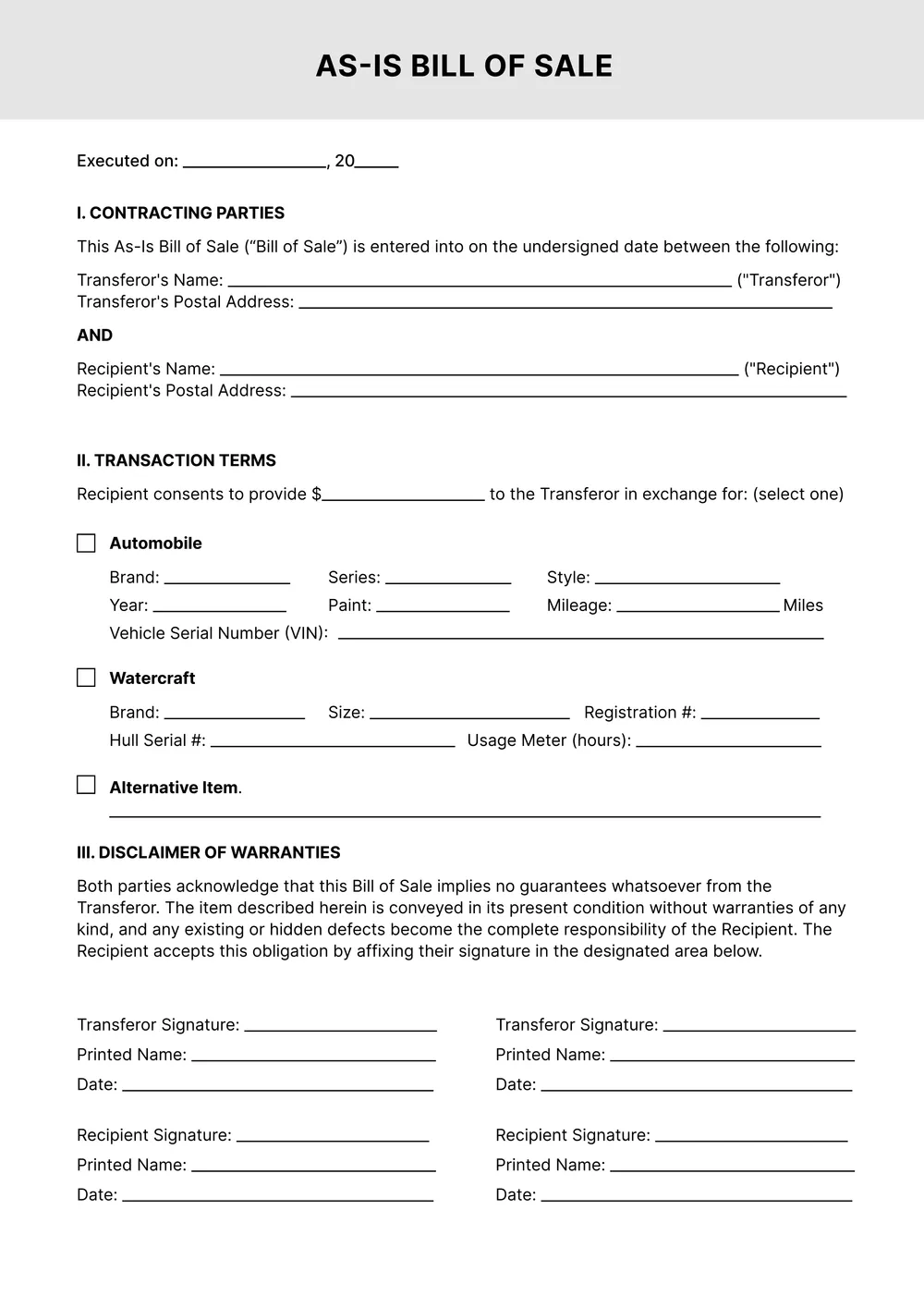 as is bill of sale form