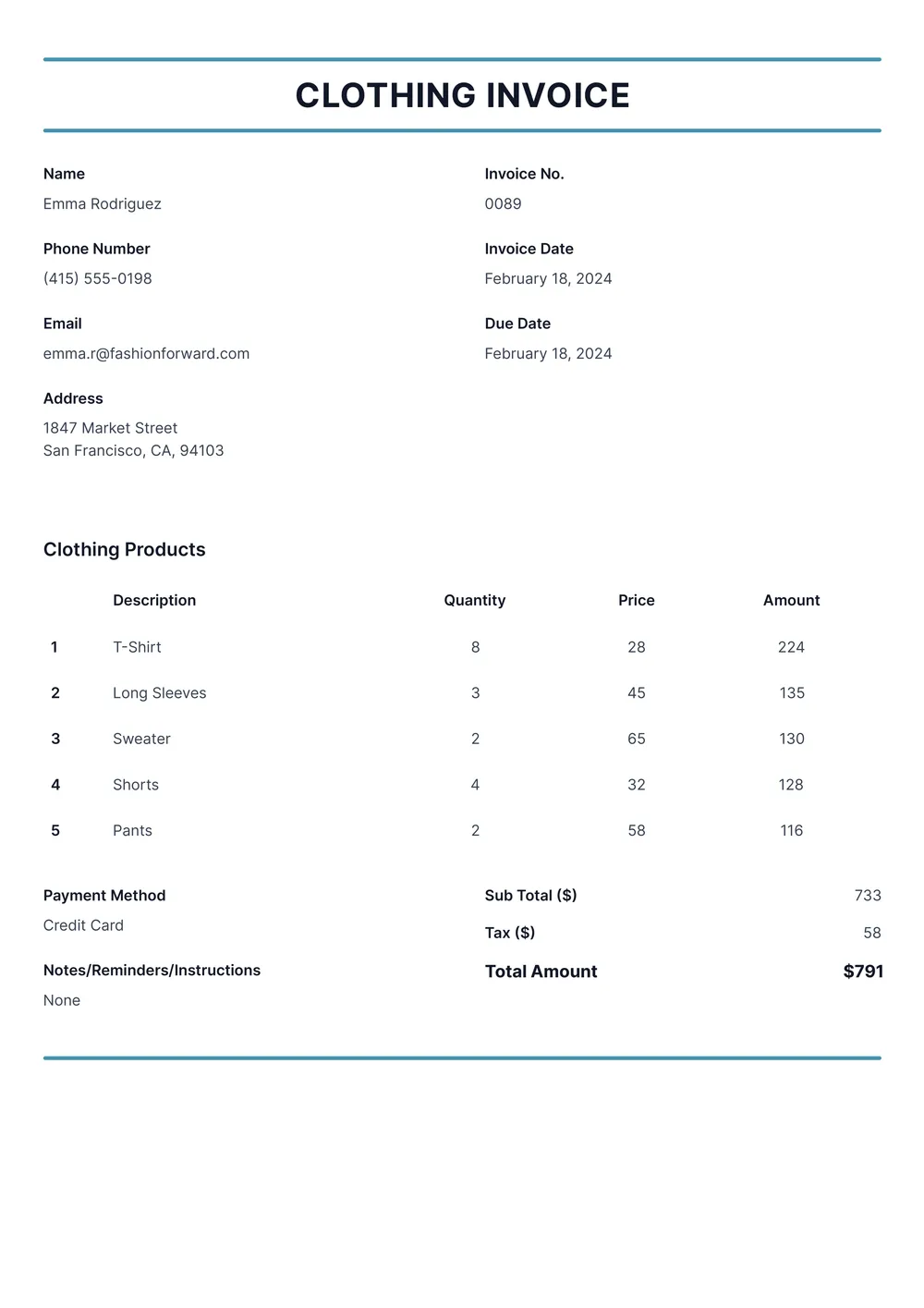 clothing invoice template