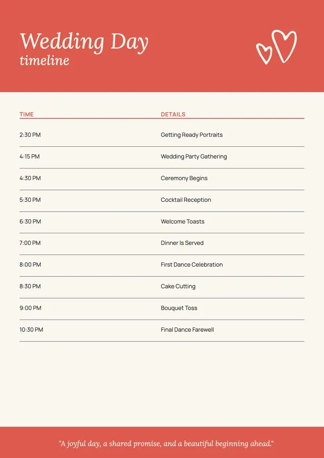 coral wedding day itinerary template